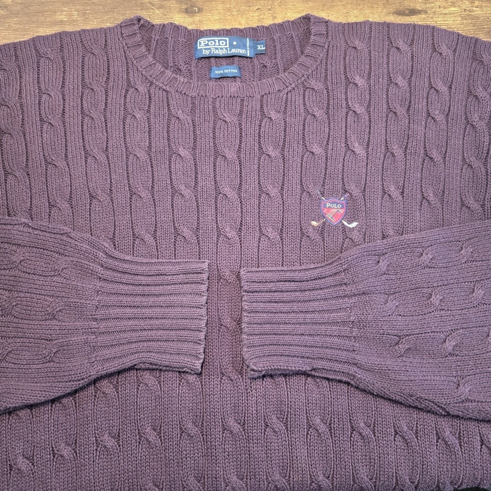 Vintage Ralph Lauren Cableknit Sweater Mens Tartan Crest  Golf  XL